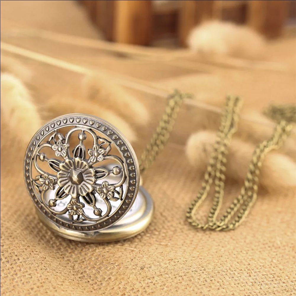 NEW Flower Bronze Necklace Pocket Watch - Picture 2 of 6